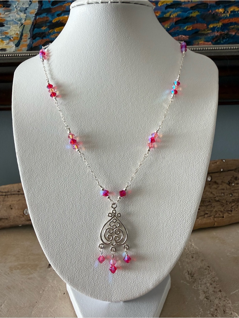 Handmade Sterling Silver Filigree Necklace with Pink Swarovski Crystals
